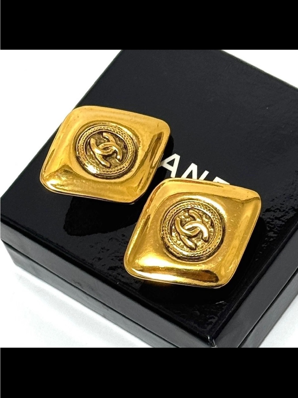 CHANEL Gold Tone Square CC Logo Clip Earrings